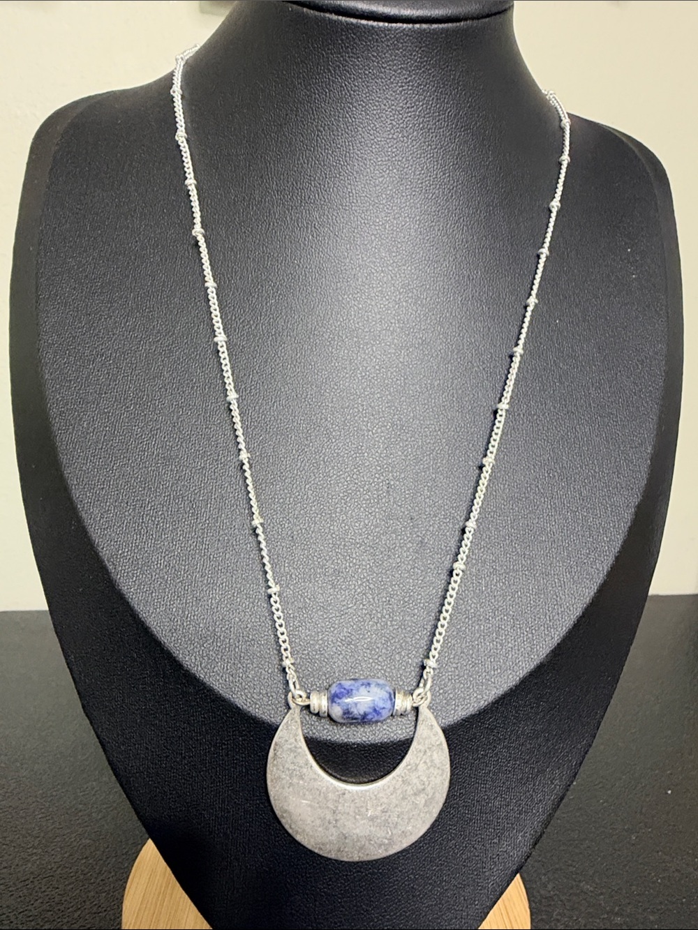 Silver Tone Boho Dainty Crescent Necklace with Blue Stone Accent